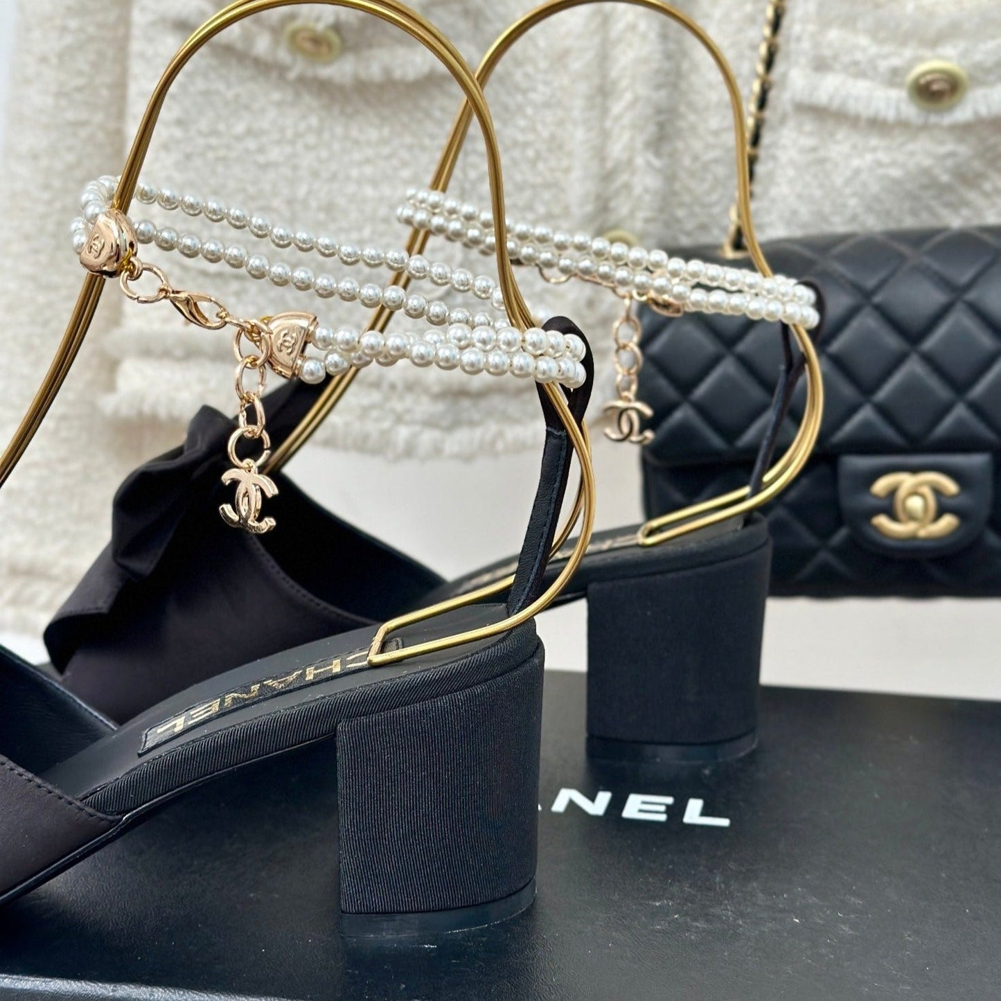 Double C Big Bow Pearl Chain High Sandals Black Lambskin - 35