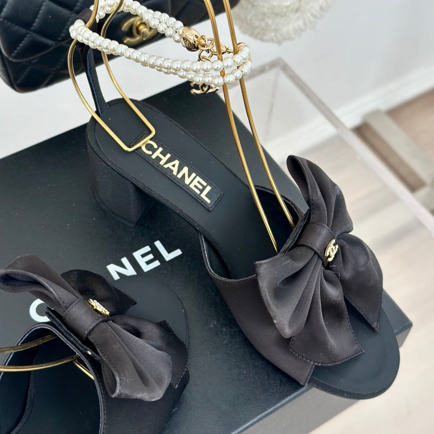 Double C Big Bow Pearl Chain High Sandals Black Lambskin - 35