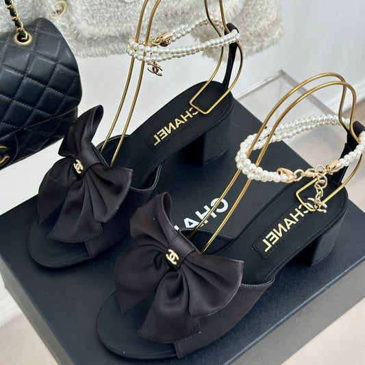Double C Big Bow Pearl Chain High Sandals Black Lambskin - 35