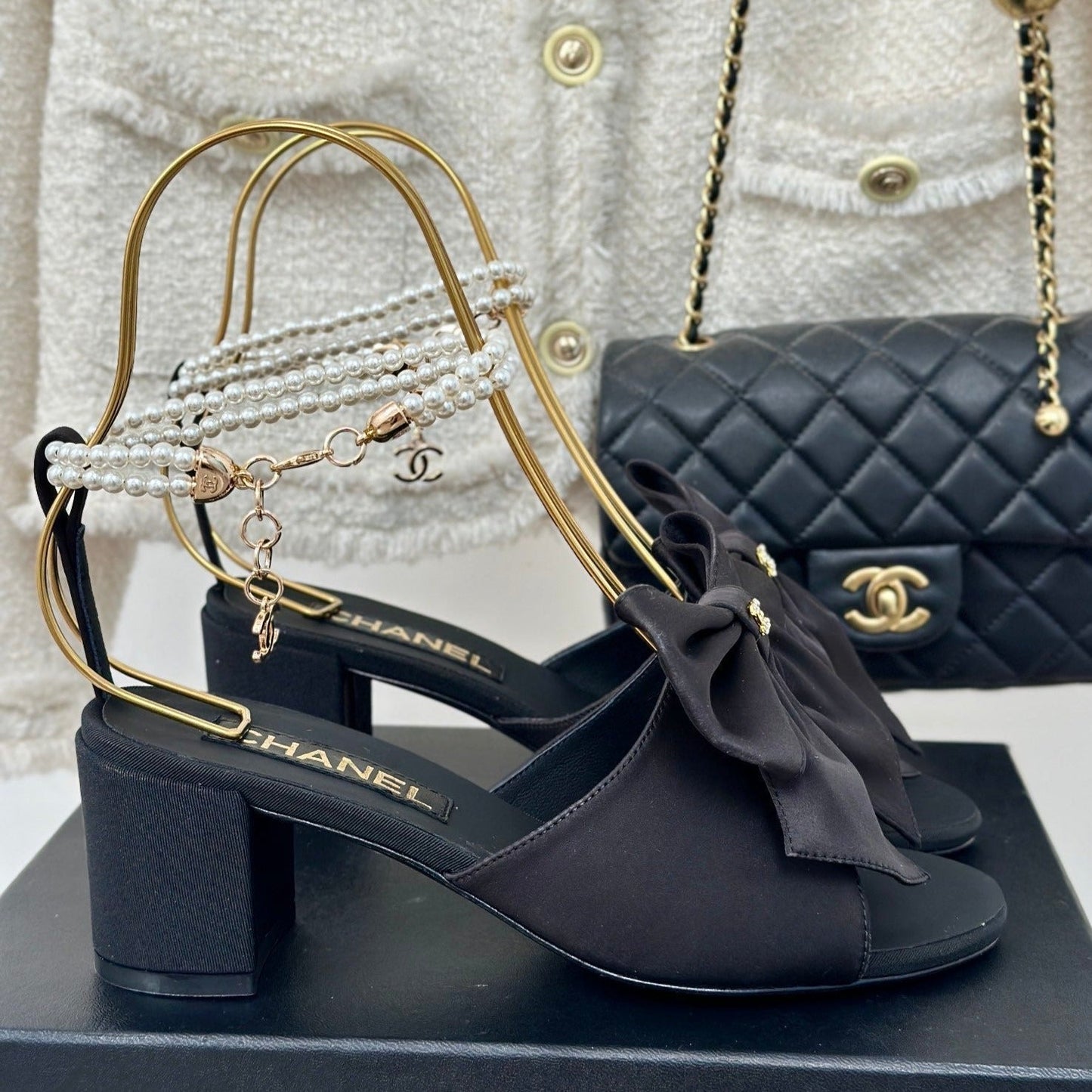 Double C Big Bow Pearl Chain High Sandals Black Lambskin - 35
