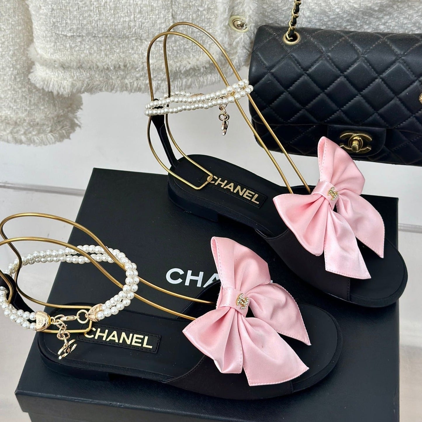 Double C Big Bow Pearl Chain Sandals Light Pink Black Lambskin - 35