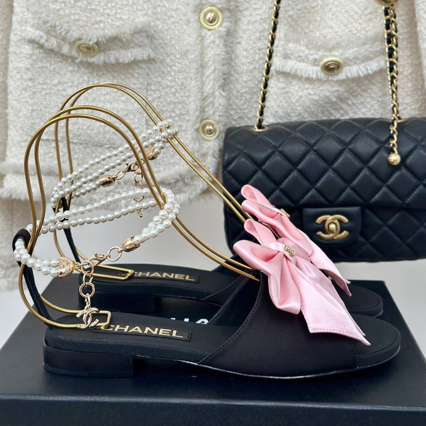 Double C Big Bow Pearl Chain Sandals Light Pink Black Lambskin - 35