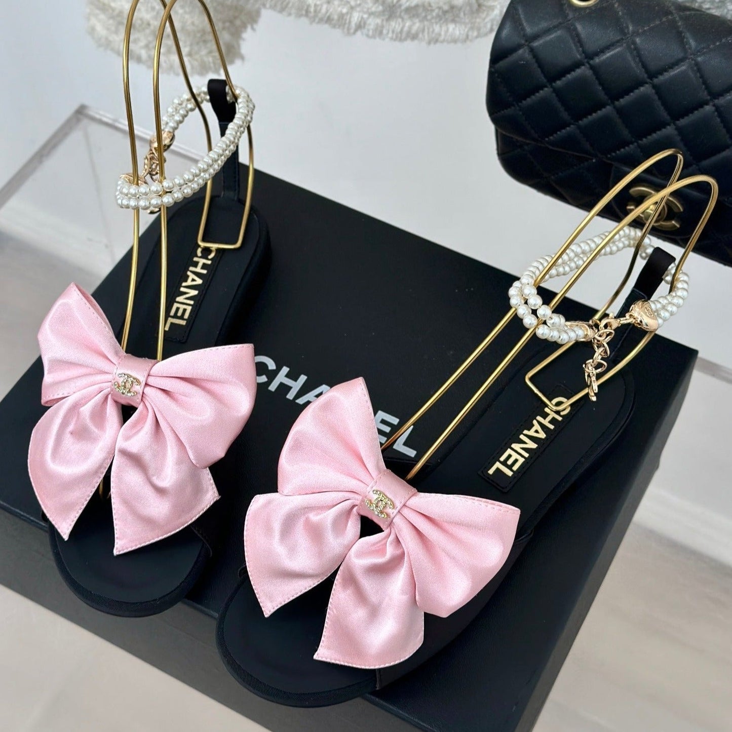 Double C Big Bow Pearl Chain Sandals Light Pink Black Lambskin - 35