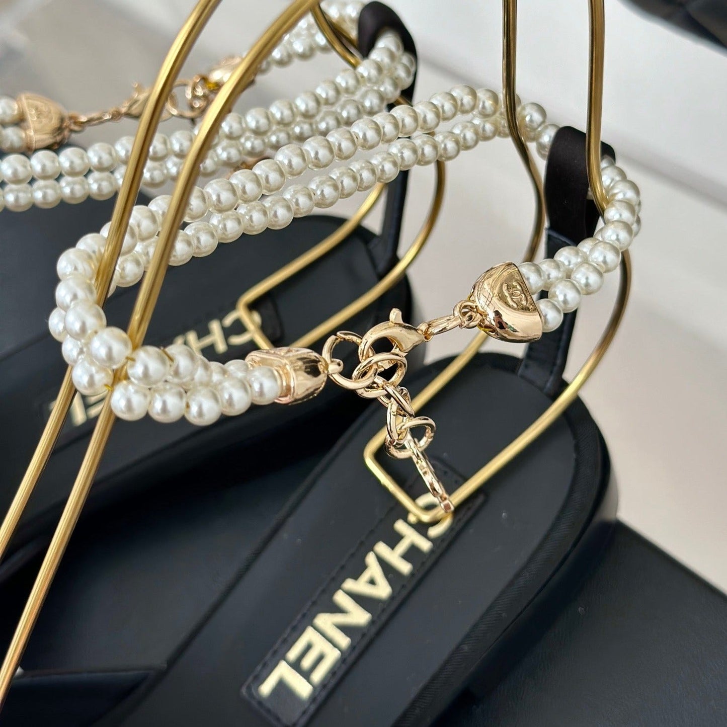 Double C Big Bow Pearl Chain Sandals Light Pink Black Lambskin - 35