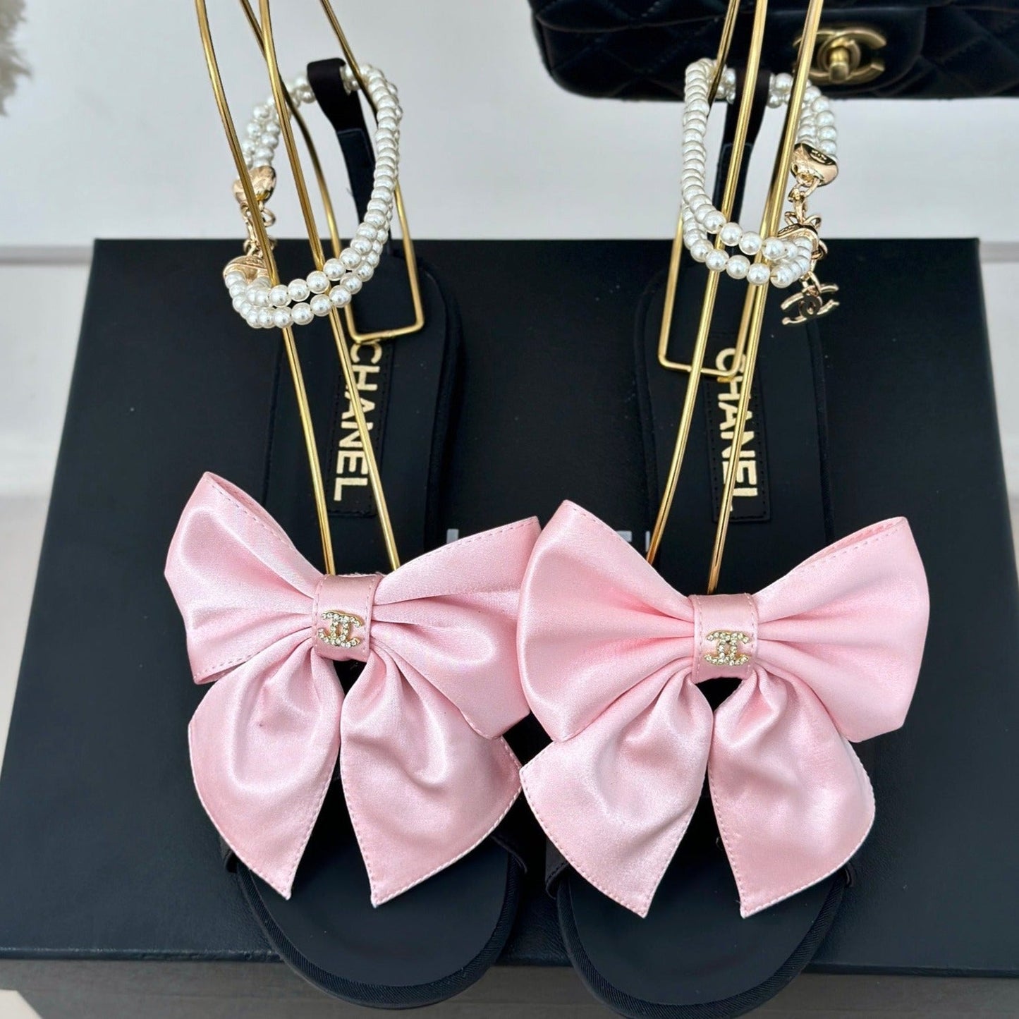 Double C Big Bow Pearl Chain Sandals Light Pink Black Lambskin - 35