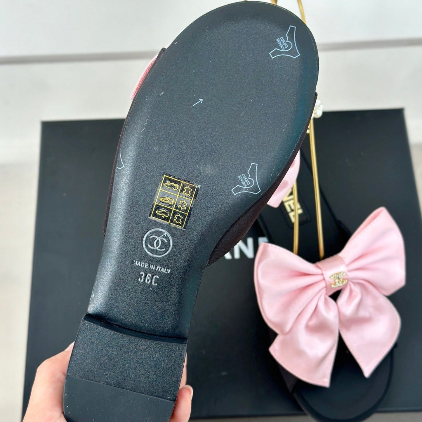 Double C Big Bow Pearl Chain Sandals Light Pink Black Lambskin - 35