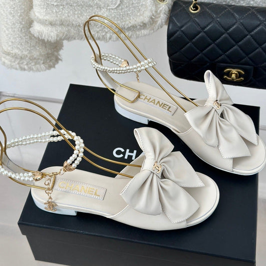 Double C Big Bow Pearl Chain Sandals White Lambskin - 35