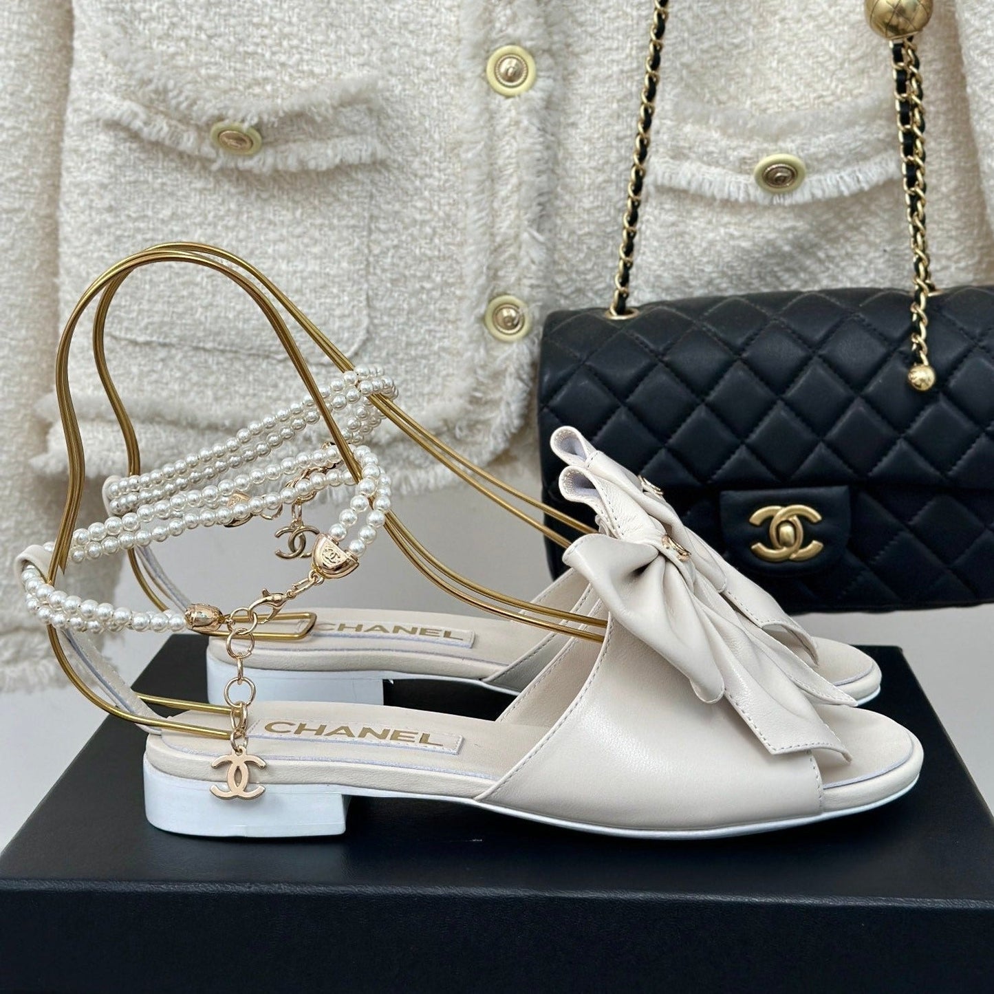 Double C Big Bow Pearl Chain Sandals White Lambskin - 35