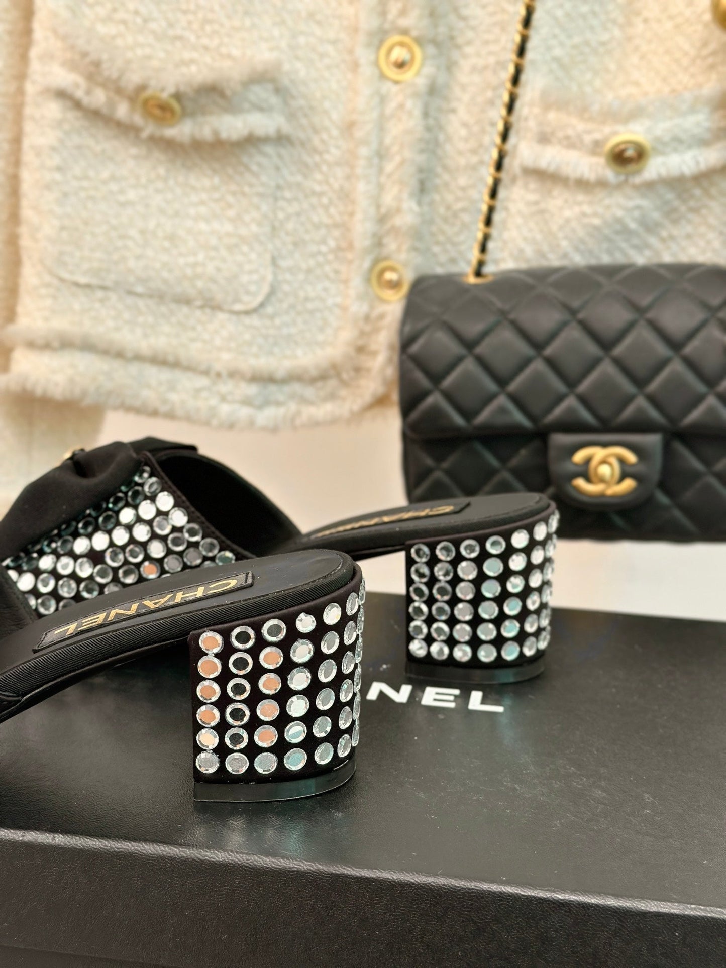 BLOCK HEEL MULE WITH WHITE RHINESTONES IN BLACK LAMBSKIN - 35