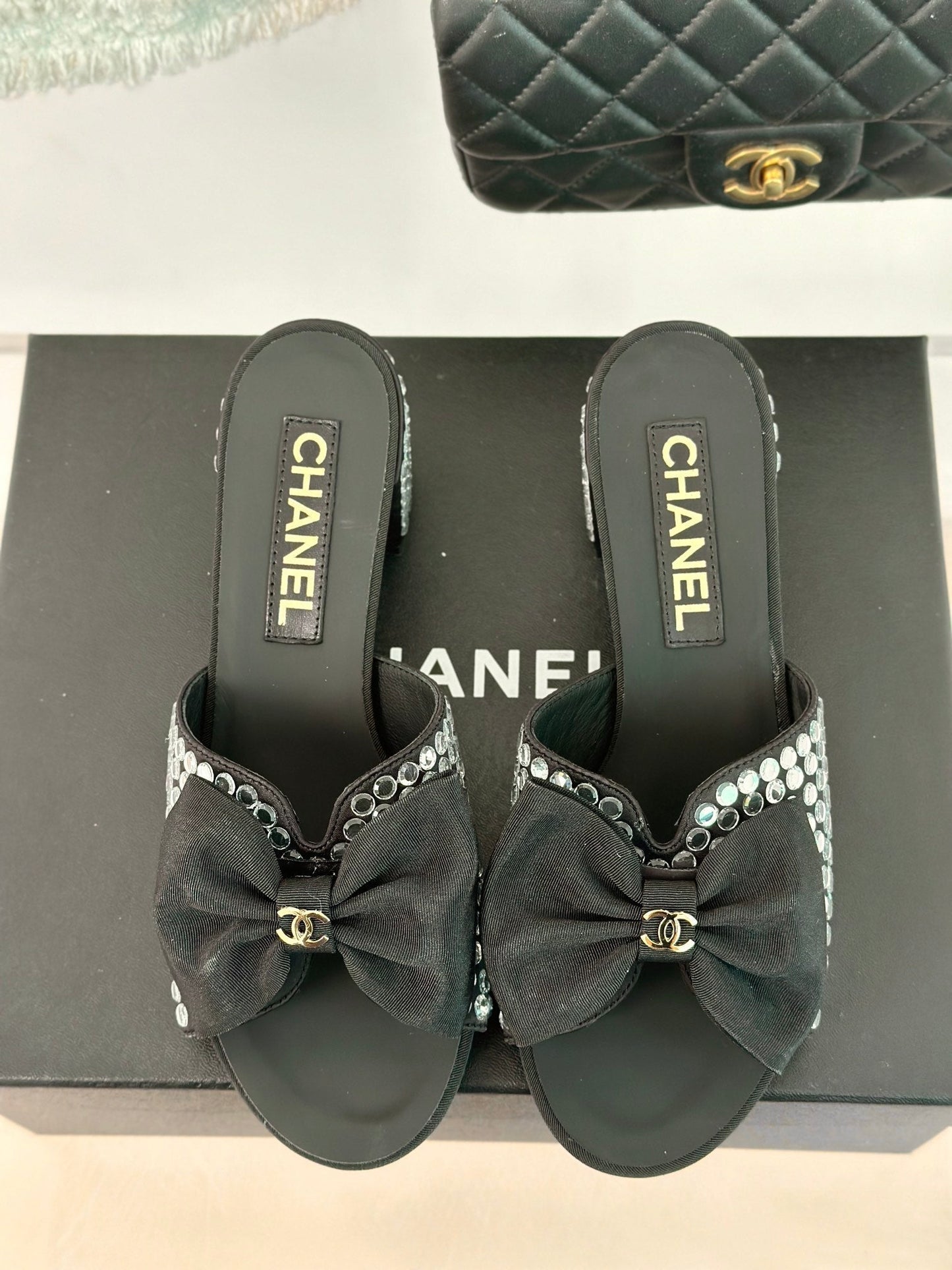 BLOCK HEEL MULE WITH WHITE RHINESTONES IN BLACK LAMBSKIN - 35