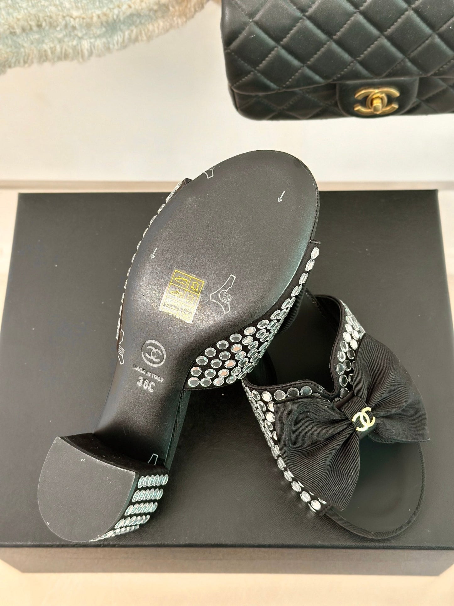 BLOCK HEEL MULE WITH WHITE RHINESTONES IN BLACK LAMBSKIN - 35