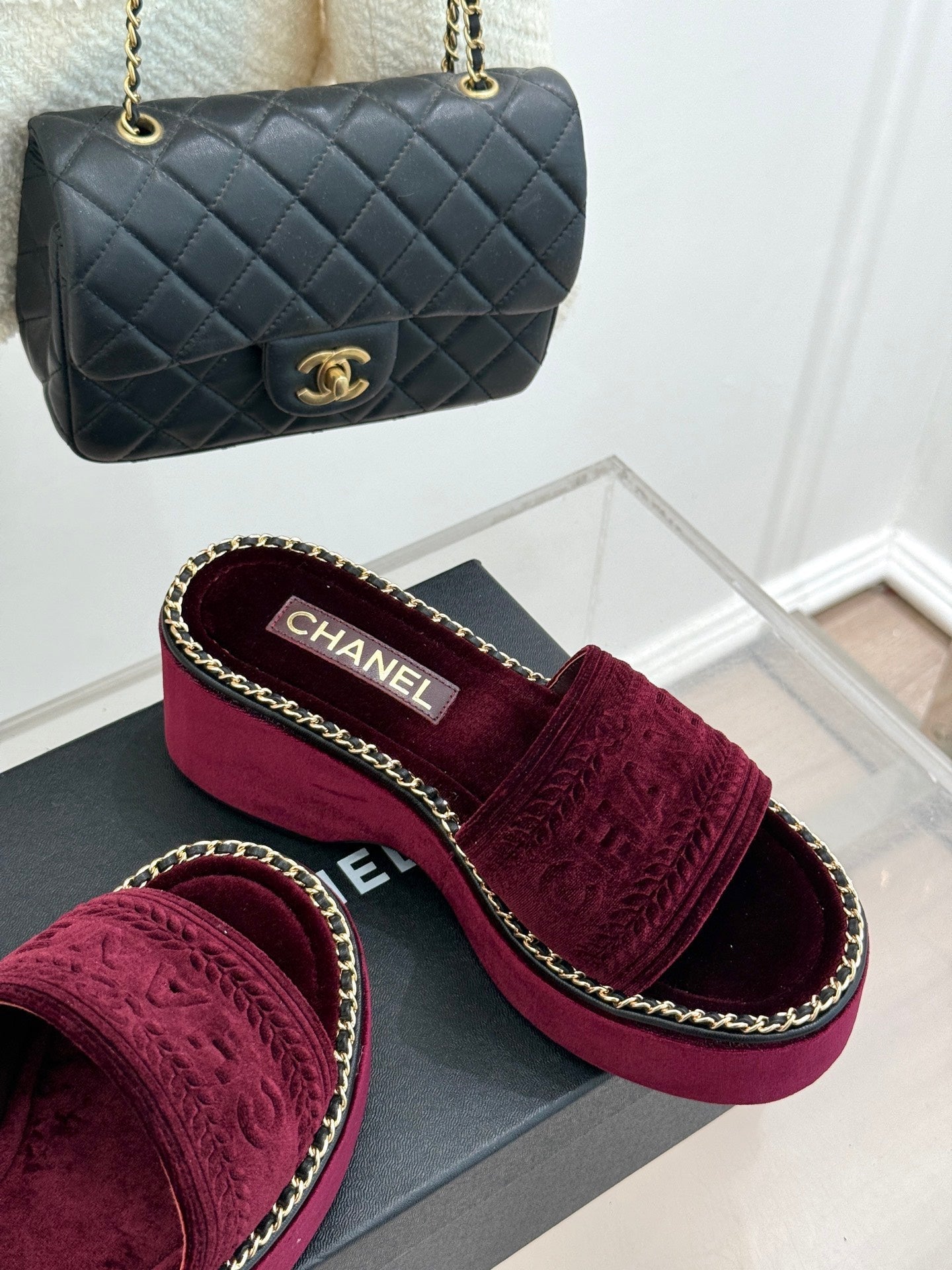 THICK SOLE WEDGE SLIPPERS IN MAROON RED VELVET - 35