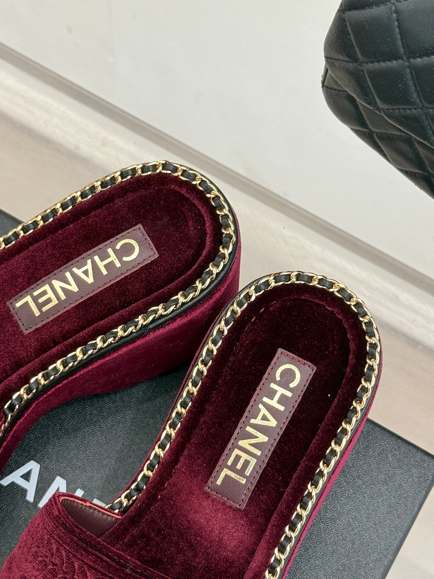 THICK SOLE WEDGE SLIPPERS IN MAROON RED VELVET - 35
