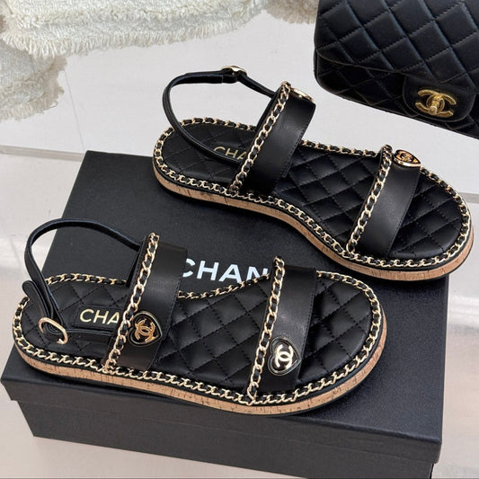 FLAT CHAIN HEART SANDAL IN BLACK LAMBSKIN - 35