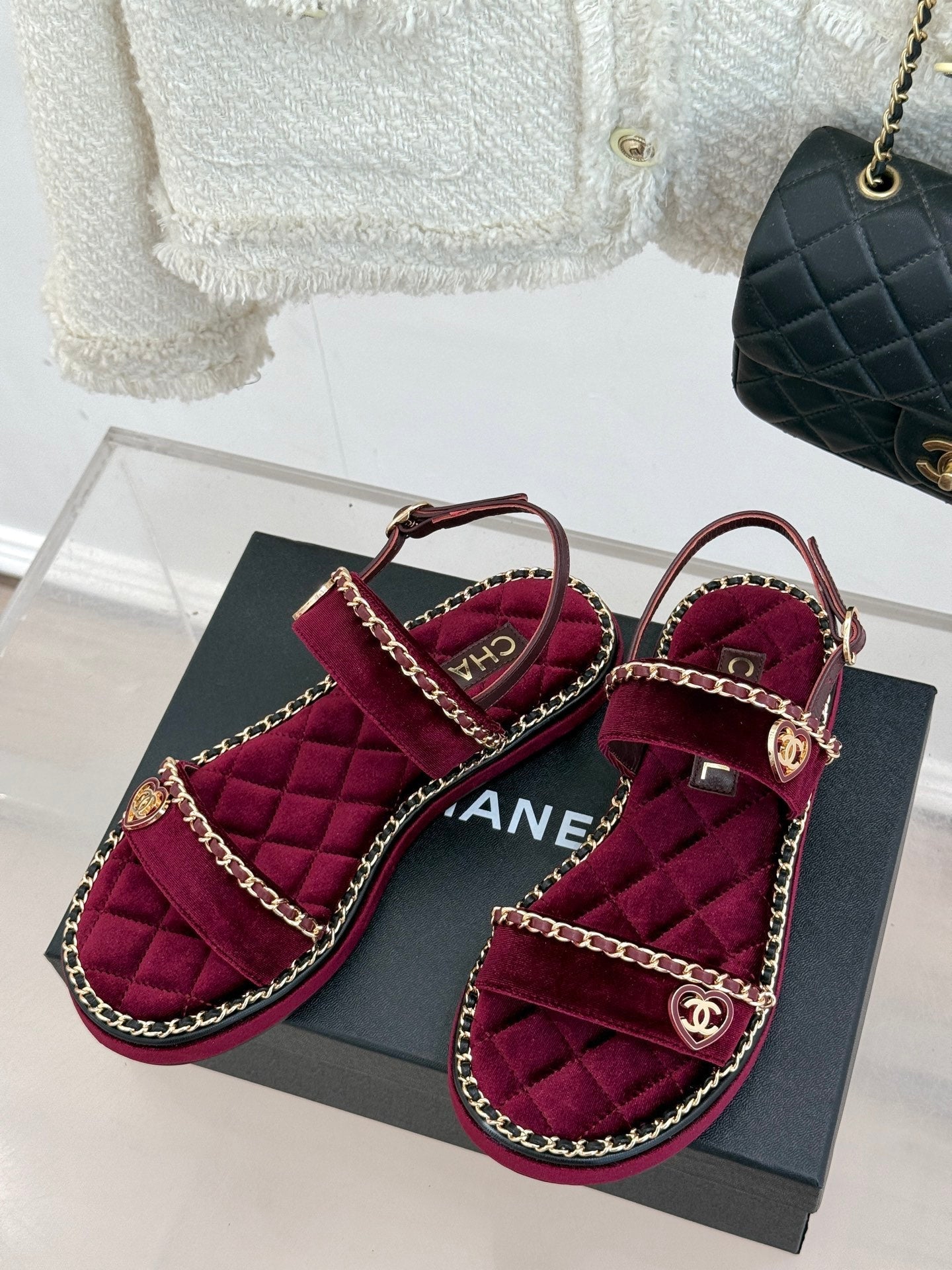 FLAT CHAIN HEART SANDAL IN PLUM PURPLE VELVET - 35