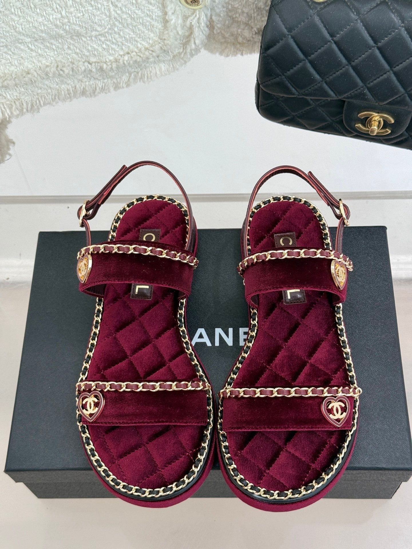 FLAT CHAIN HEART SANDAL IN PLUM PURPLE VELVET - 35