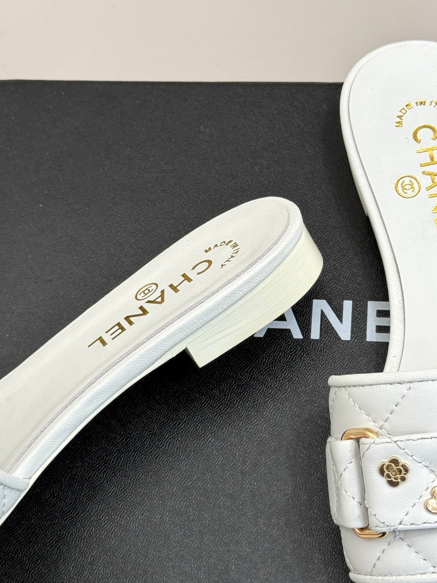 CC SLIDE SANDALS IN WHITE CALFSKIN GOLD CHARM - 35