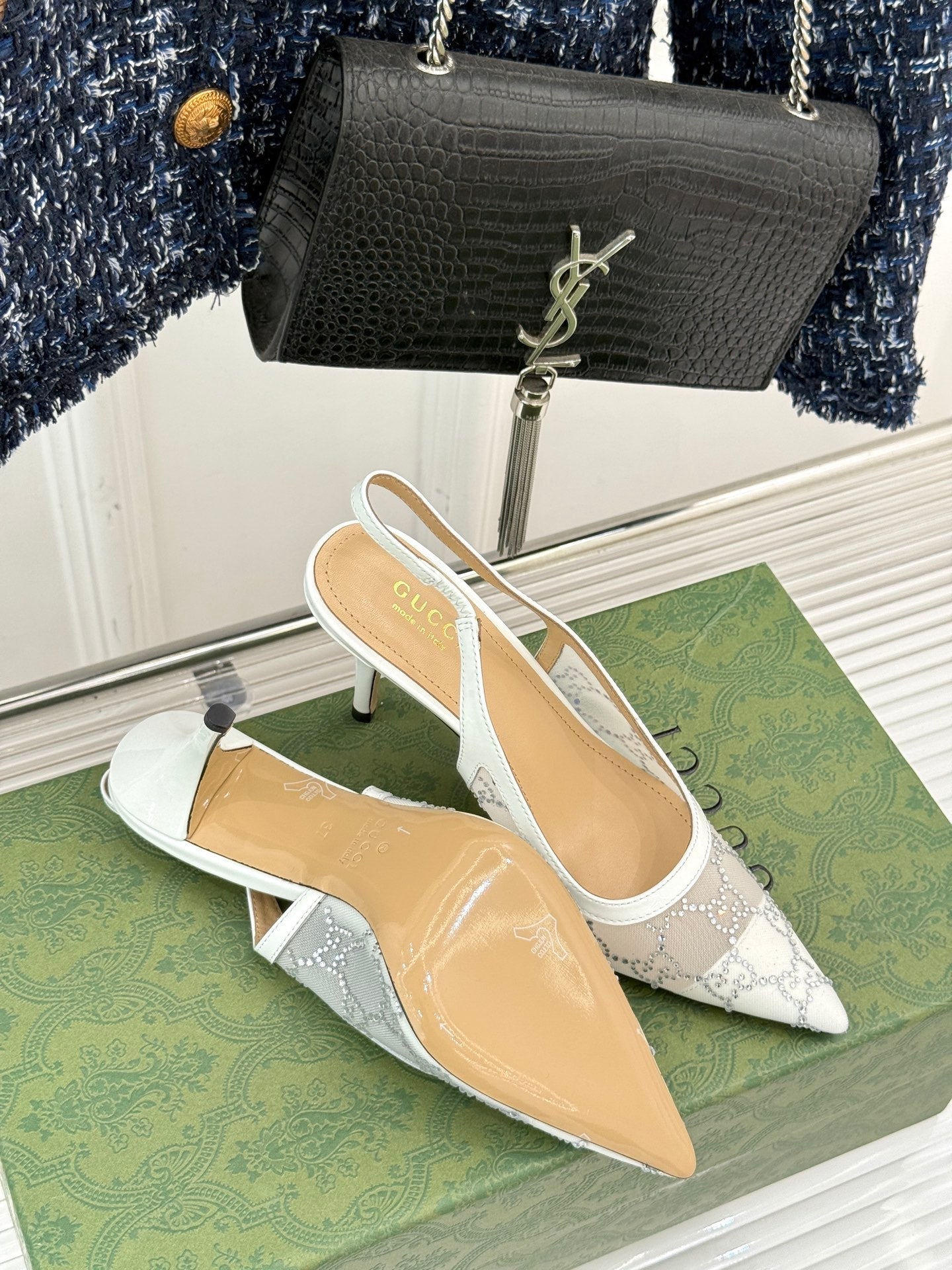 GG HIGH SLINGBACK 8.5 CM IN WHITE CLASSIC POINTED-TOE MESH WITH RHINESTONE EMBELLISHMENTS - 35