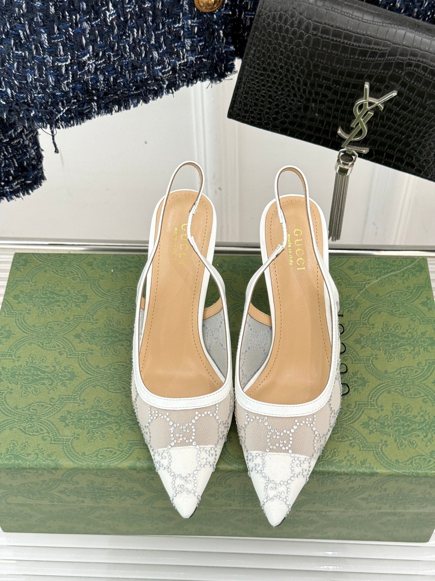 GG HIGH SLINGBACK 8.5 CM IN WHITE CLASSIC POINTED-TOE MESH WITH RHINESTONE EMBELLISHMENTS - 35