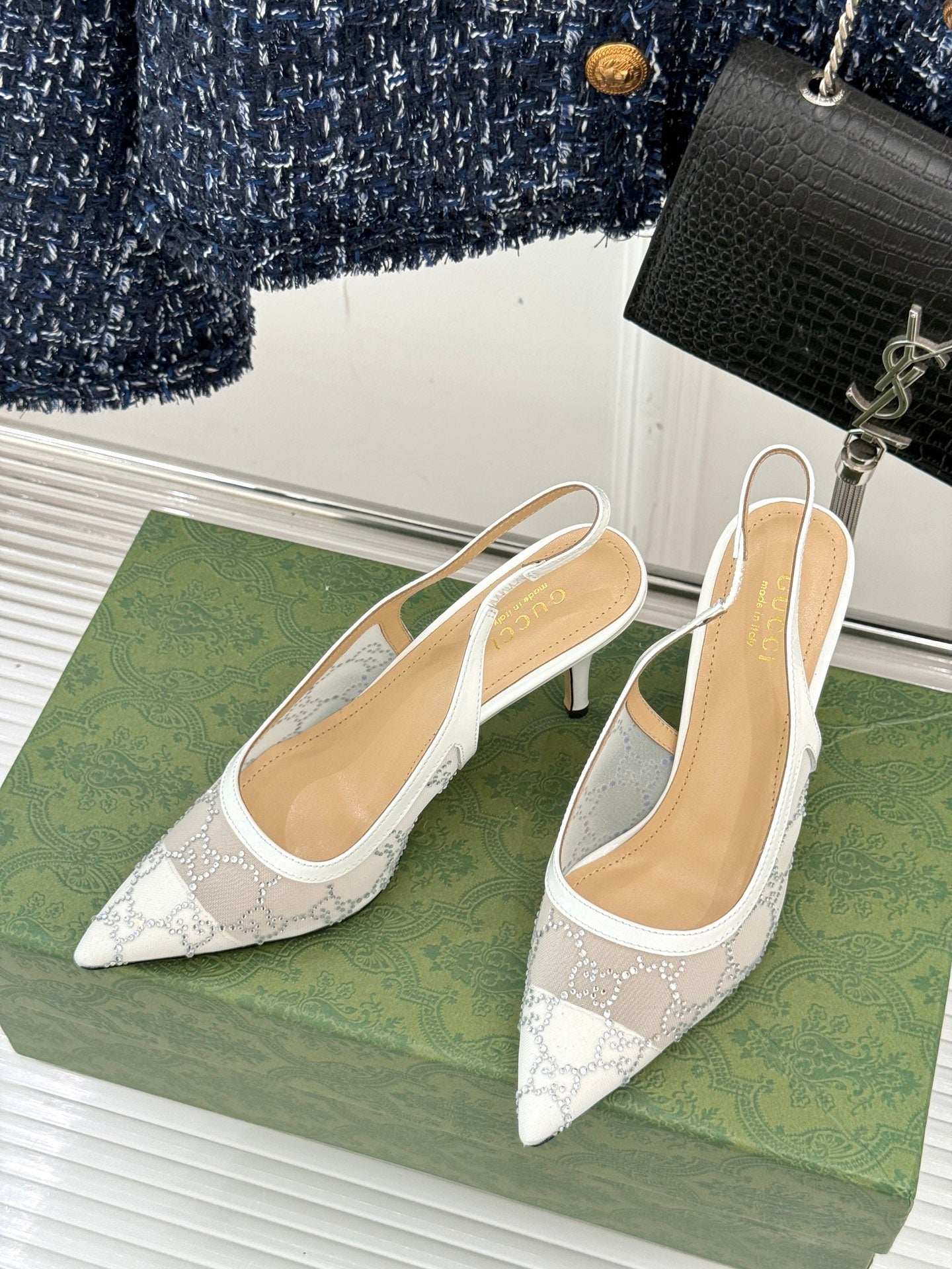GG HIGH SLINGBACK 8.5 CM IN WHITE CLASSIC POINTED-TOE MESH WITH RHINESTONE EMBELLISHMENTS - 35