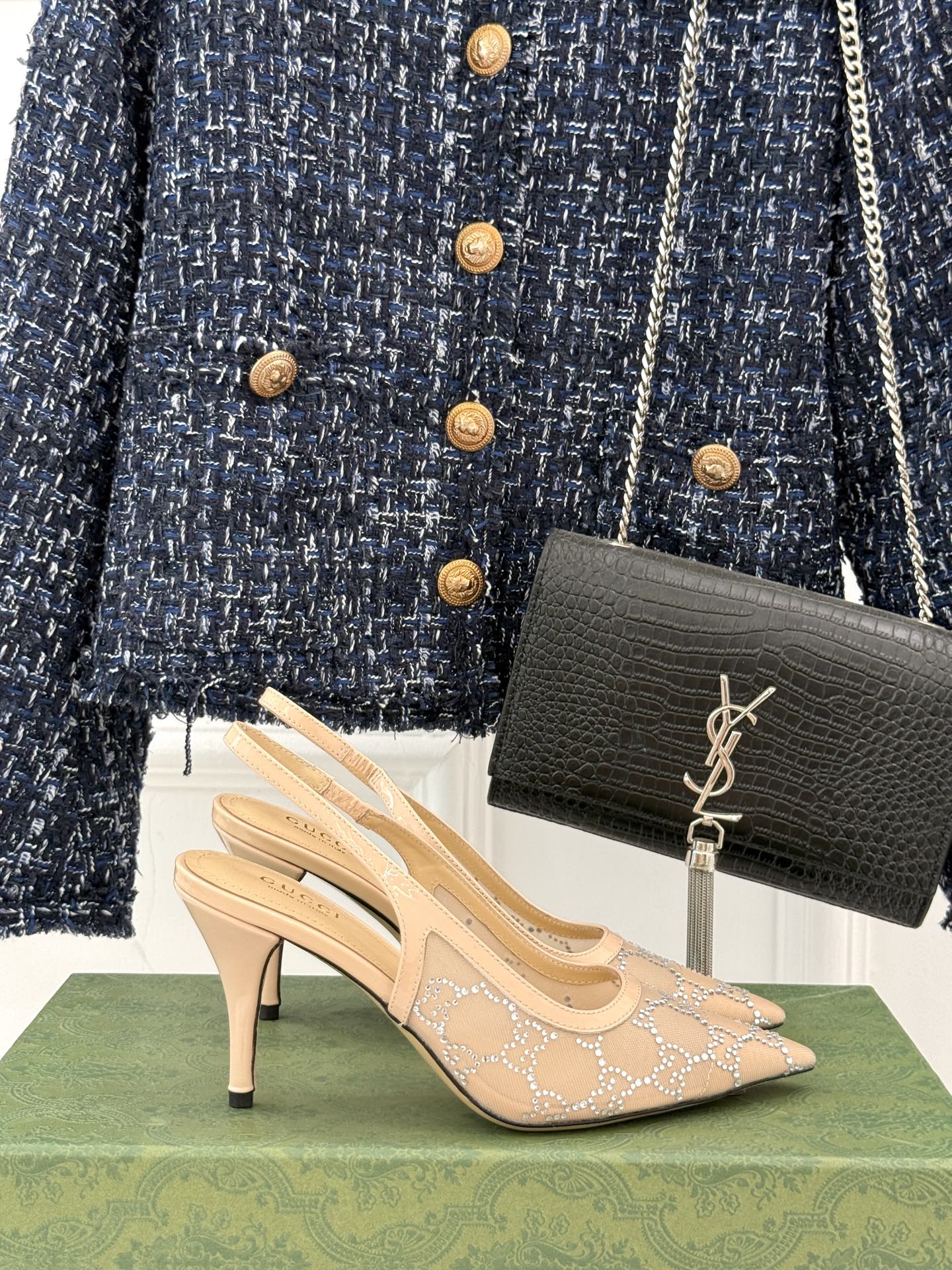 GG HIGH SLINGBACK 8.5 CM IN BEIGE CLASSIC POINTED-TOE MESH WITH RHINESTONE EMBELLISHMENTS - 35