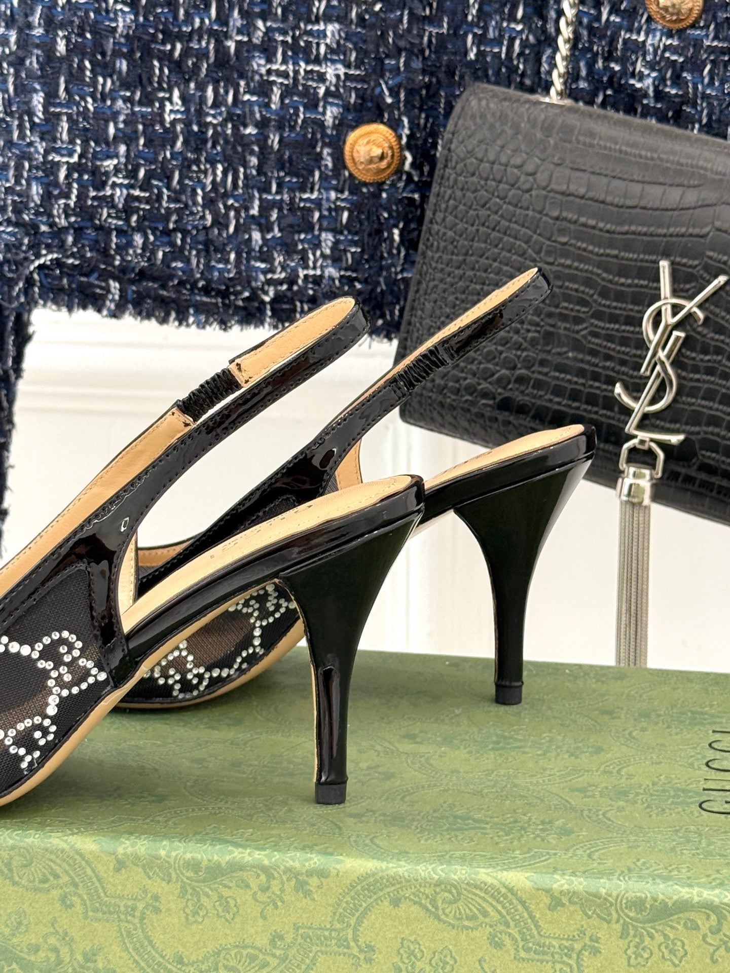 GG HIGH SLINGBACK 8.5 CM IN BLACK CLASSIC POINTED-TOE MESH WITH RHINESTONE EMBELLISHMENTS - 35