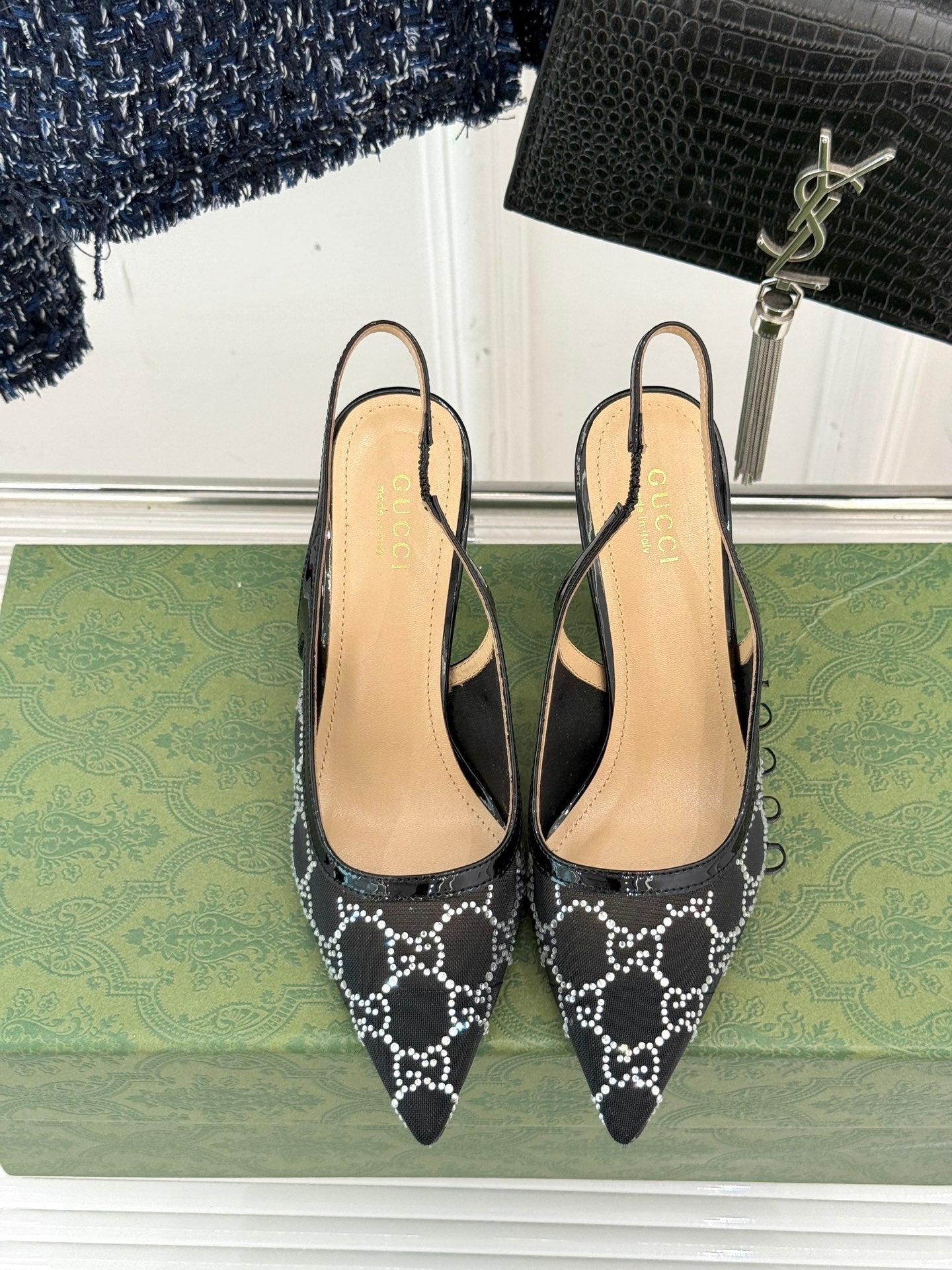 GG HIGH SLINGBACK 8.5 CM IN BLACK CLASSIC POINTED-TOE MESH WITH RHINESTONE EMBELLISHMENTS - 35