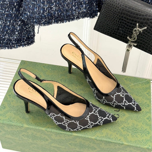 GG HIGH SLINGBACK 8.5 CM IN BLACK CLASSIC POINTED-TOE MESH WITH RHINESTONE EMBELLISHMENTS - 35