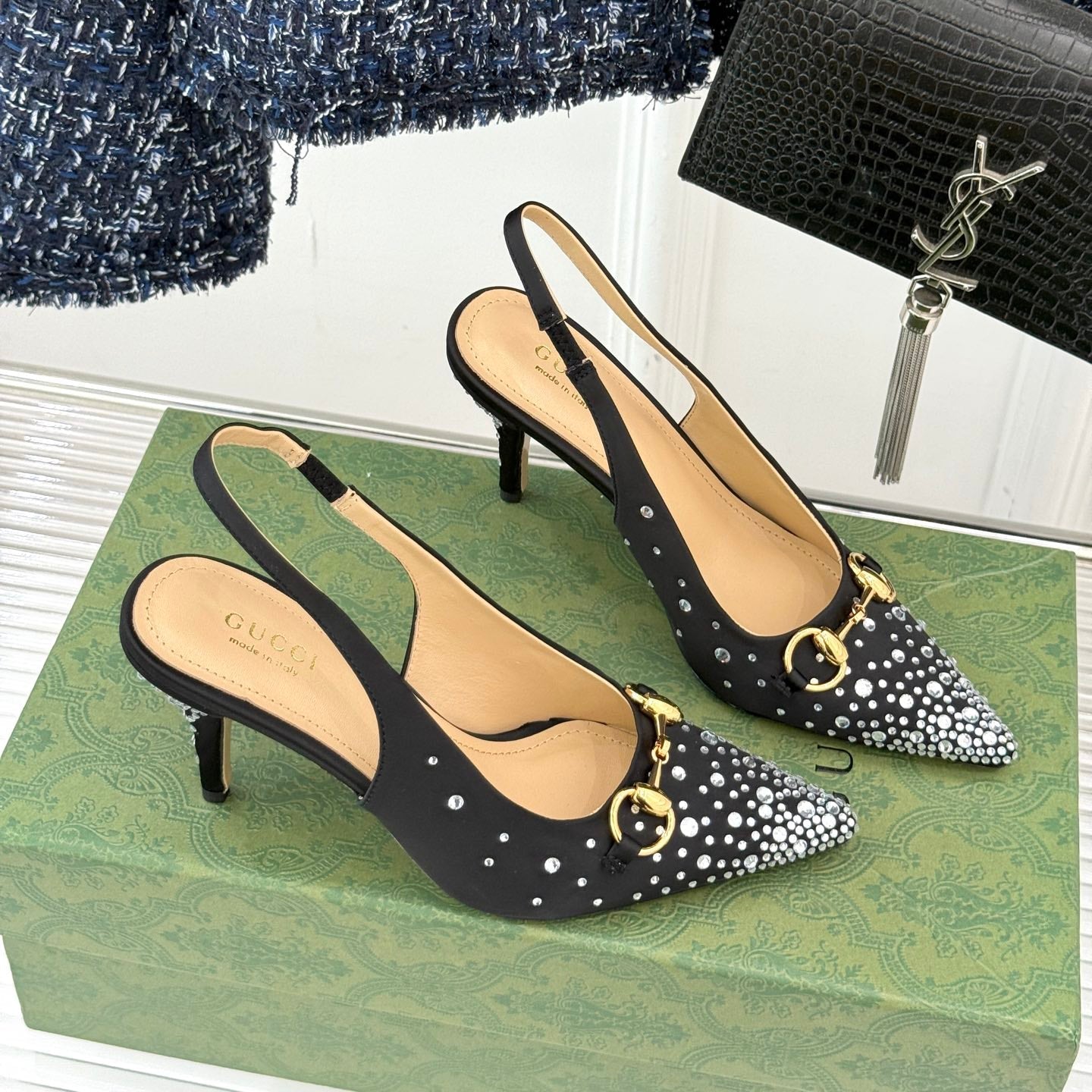 HIGH SLINGBACK 8.5 CM IN BLACK FABRIC WITH RHINESTONE EMBELLISHMENTS - 35