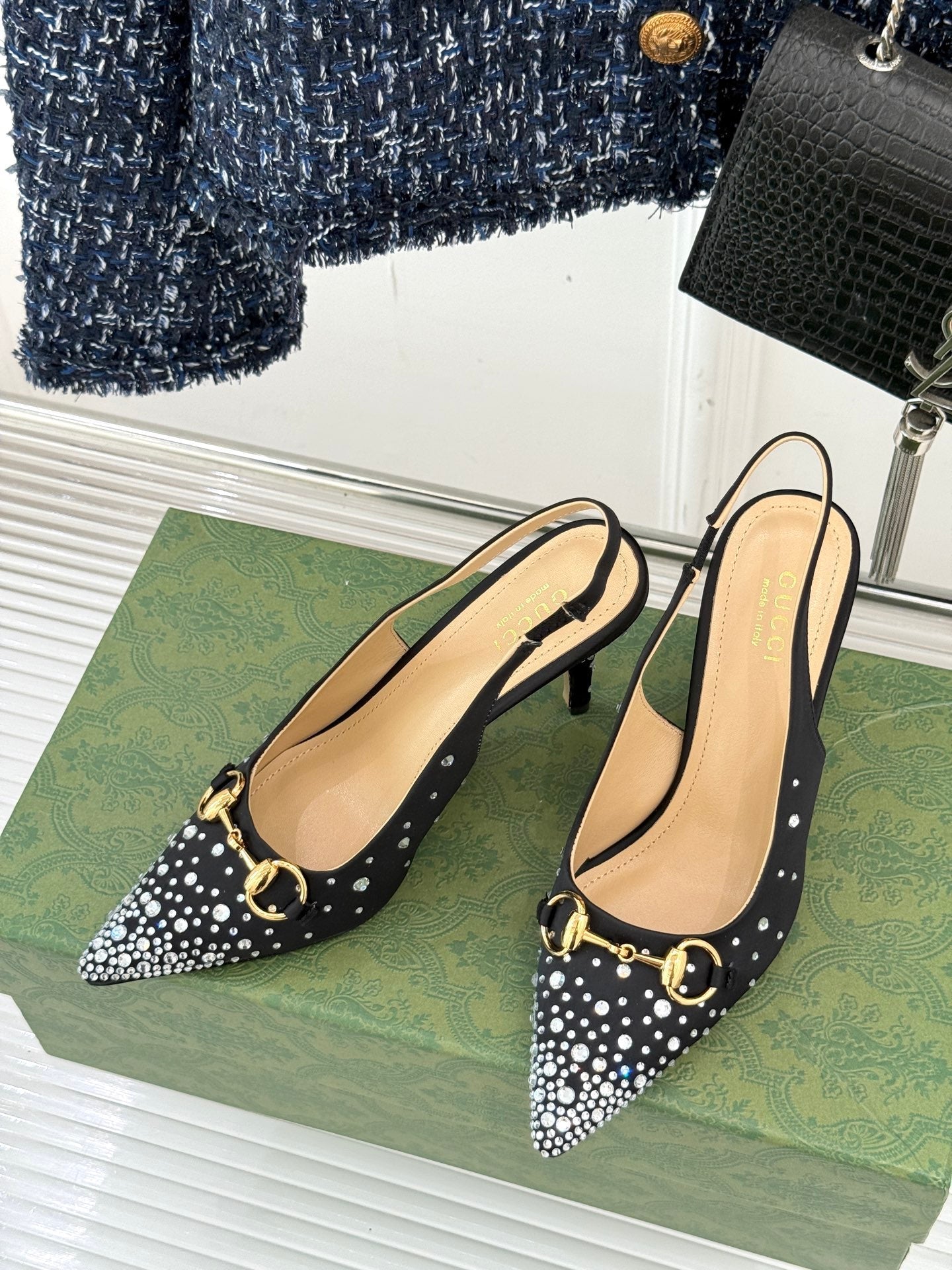 HIGH SLINGBACK 8.5 CM IN BLACK FABRIC WITH RHINESTONE EMBELLISHMENTS - 35