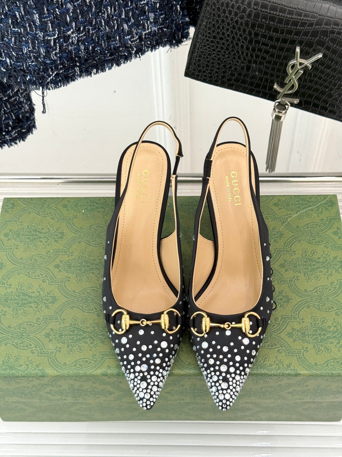 HIGH SLINGBACK 8.5 CM IN BLACK FABRIC WITH RHINESTONE EMBELLISHMENTS - 35