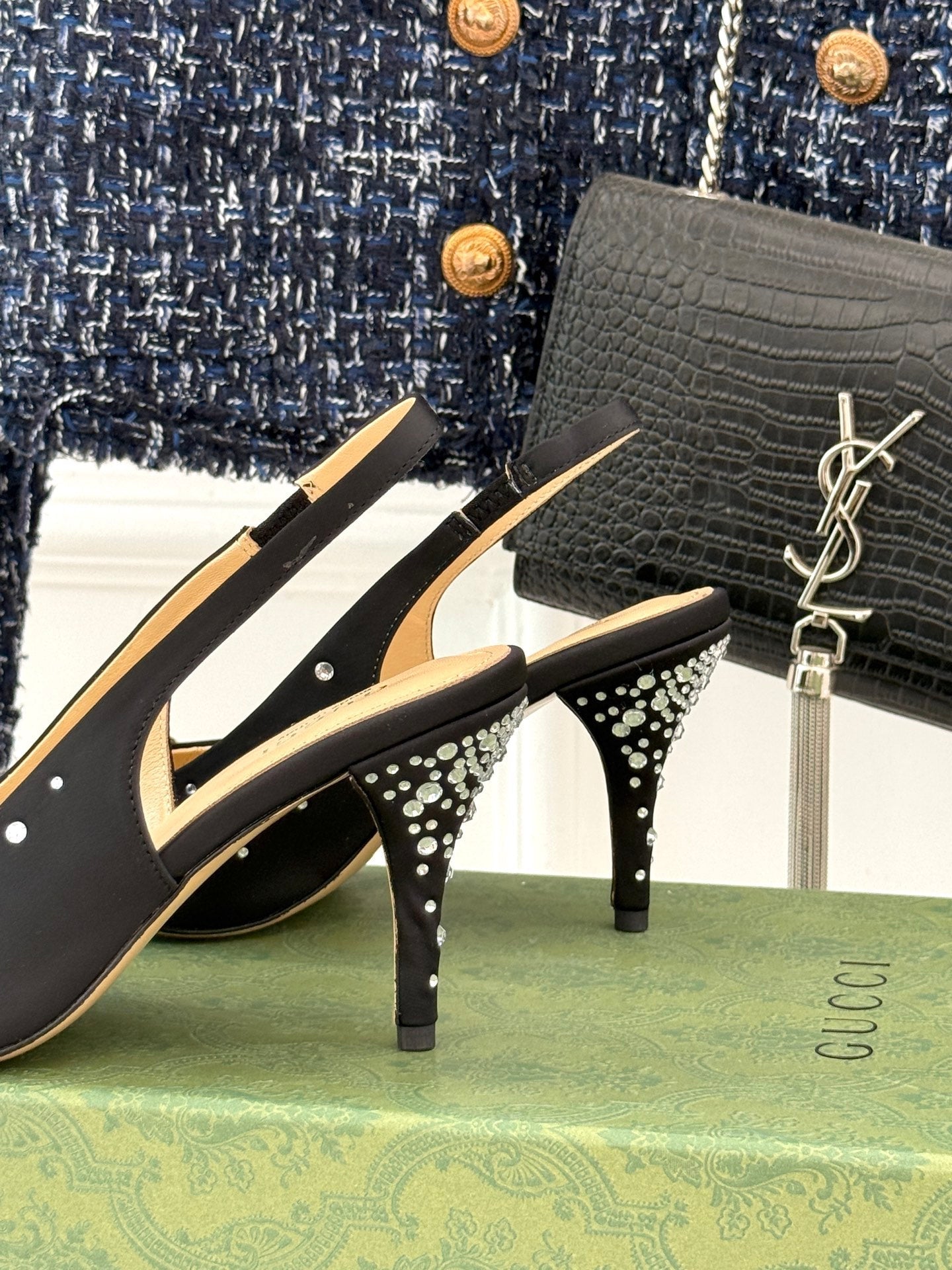 HIGH SLINGBACK 8.5 CM IN BLACK FABRIC WITH RHINESTONE EMBELLISHMENTS - 35