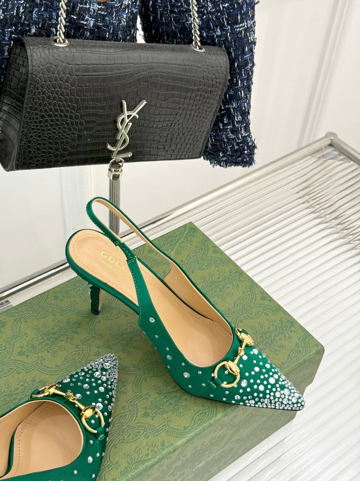 HIGH SLINGBACK 8.5 CM IN GREEN FABRIC WITH RHINESTONE EMBELLISHMENTS - 35