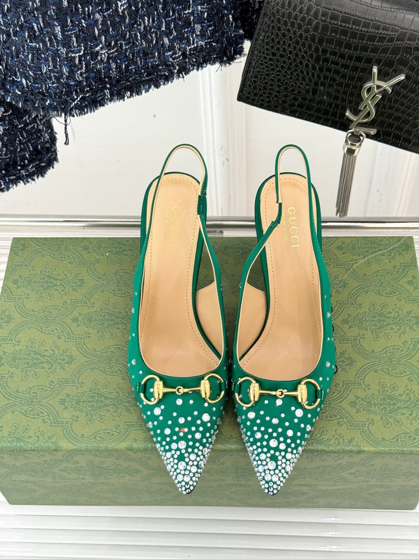 HIGH SLINGBACK 8.5 CM IN GREEN FABRIC WITH RHINESTONE EMBELLISHMENTS - 35
