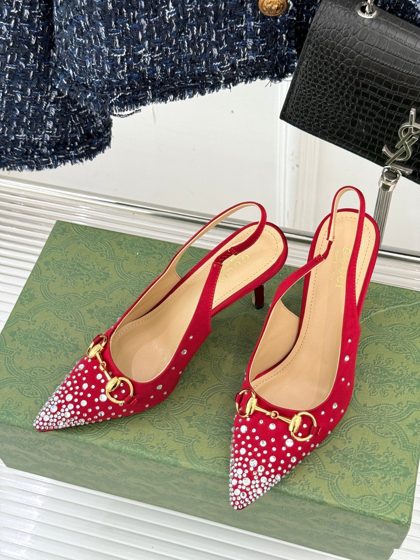 HIGH SLINGBACK 8.5 CM IN RED FABRIC WITH RHINESTONE EMBELLISHMENTS - 35