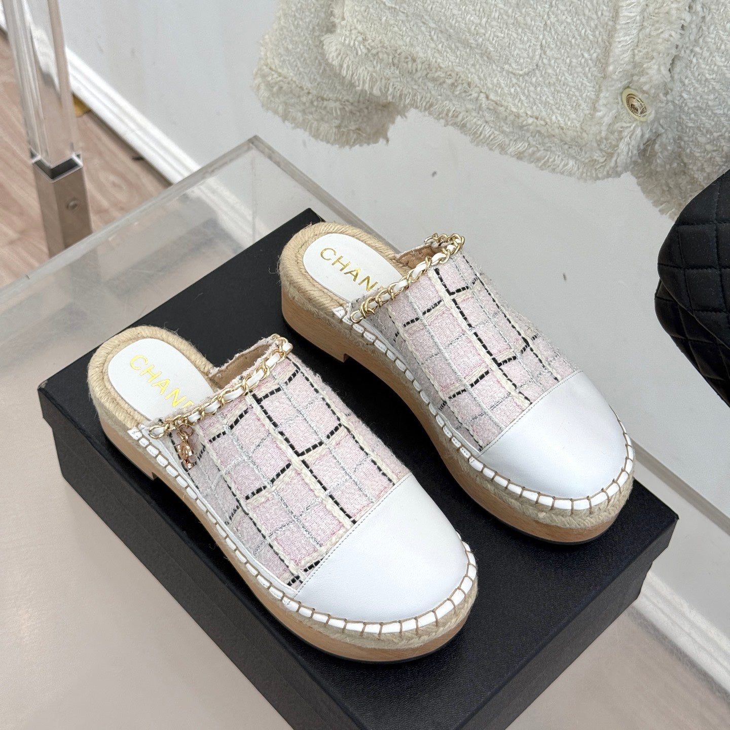 CC MULES 25SS 30 MM IN WHITE LAMBSKIN MIX PASTEL PINK TWEED - 35
