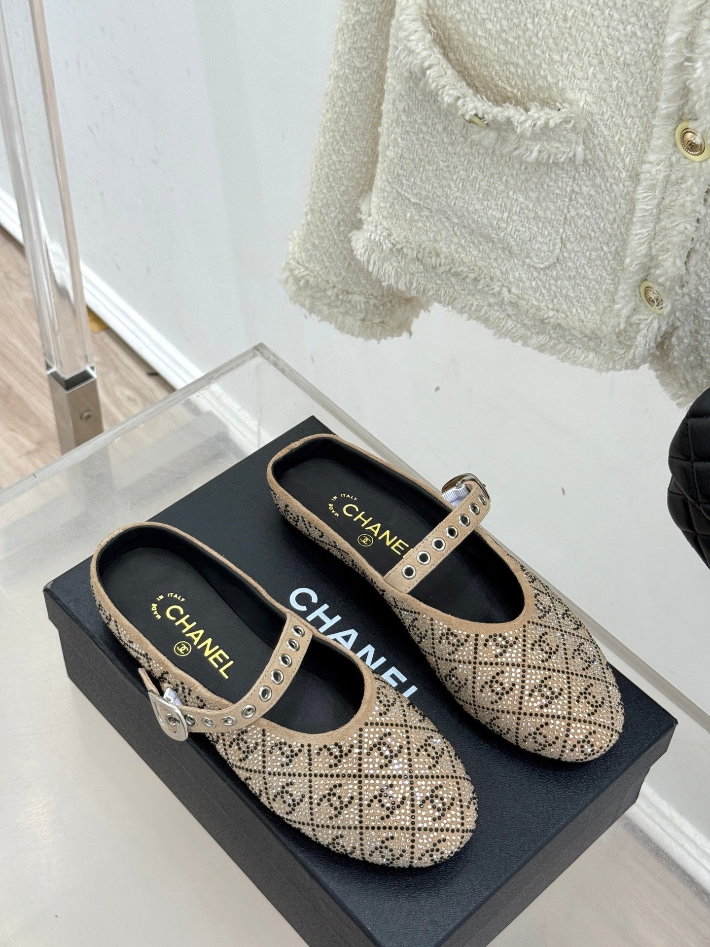 CC FLAT MULES 25SS IN BEIGE EMBELLISHED WITH RHINESTONES - 35