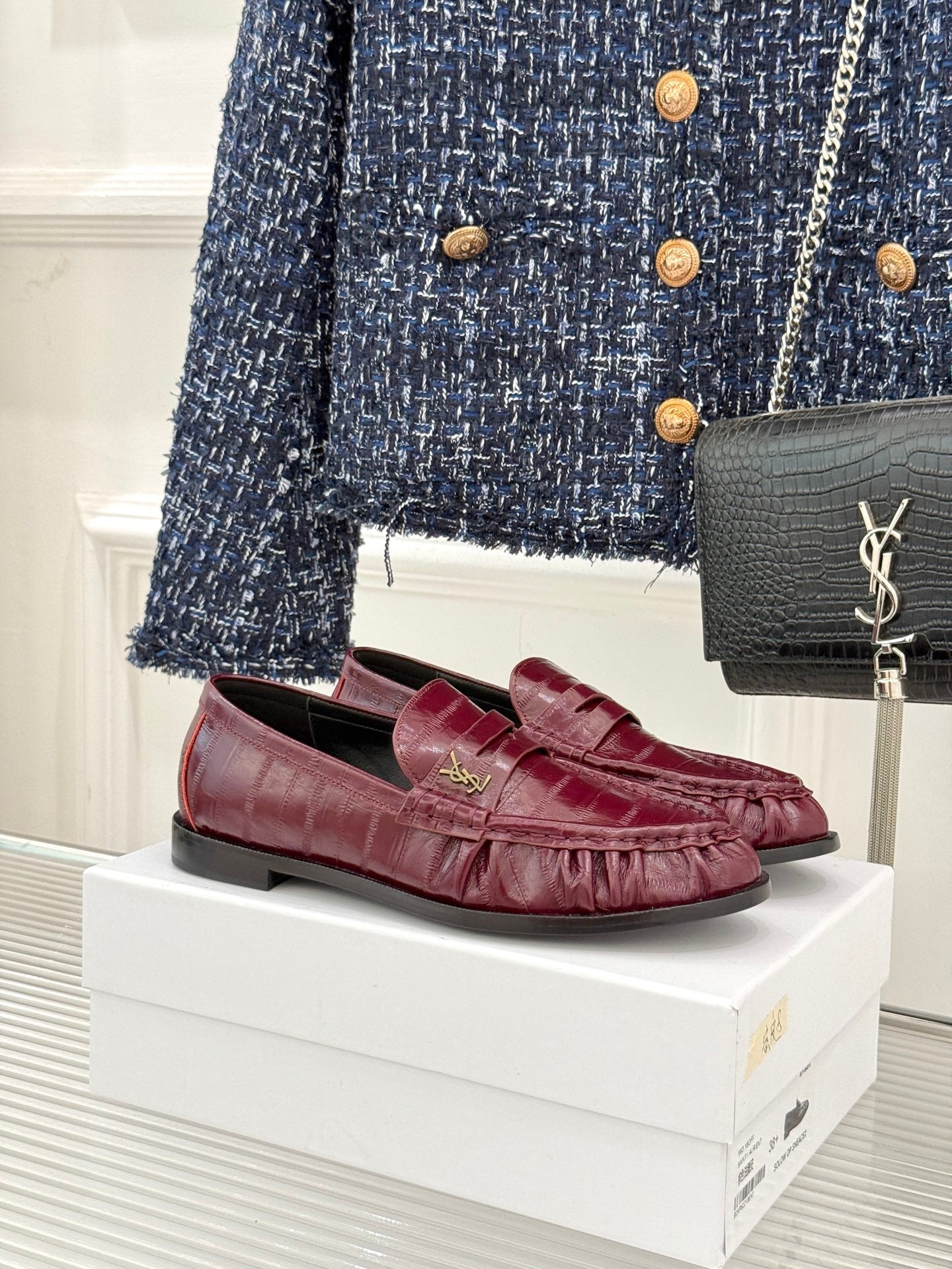 YSL 25S LOAFERS IN DARK RED EMBOSSED LAMBSKIN - 35