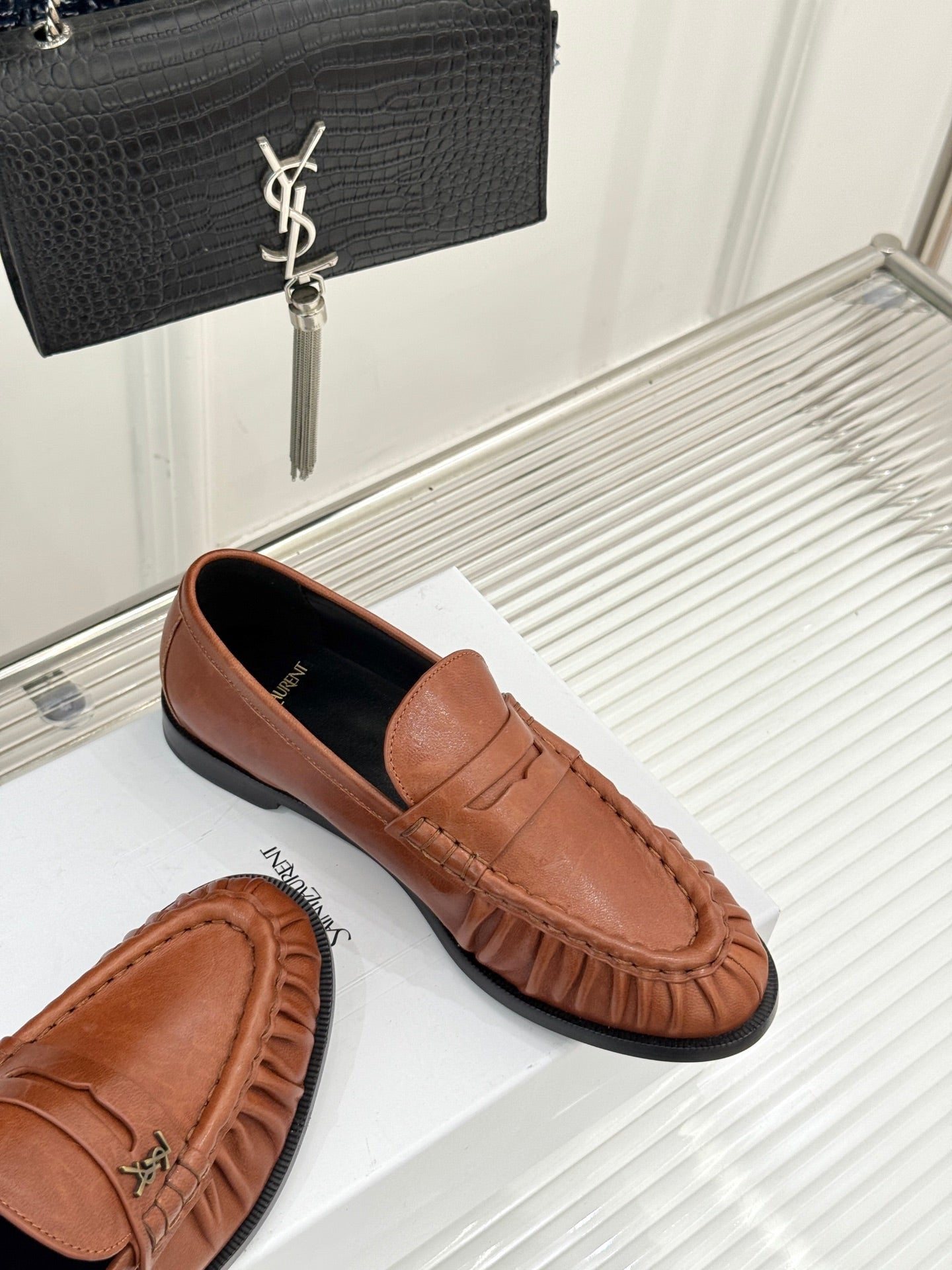 YSL 25S LOAFERS IN BURNT ORANGE BROWN LAMBSKIN - 35
