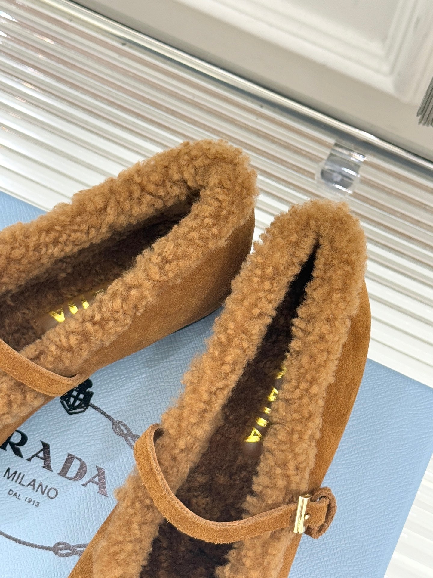 PRADA 25S MARY JANE FLATS IN BROWN SUEDE WITH GOLD HARDWARE - 35