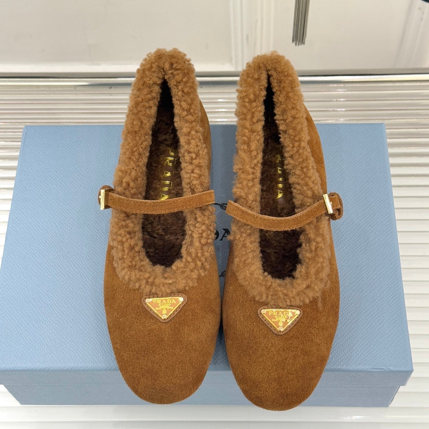 PRADA 25S MARY JANE FLATS IN BROWN SUEDE WITH GOLD HARDWARE - 35