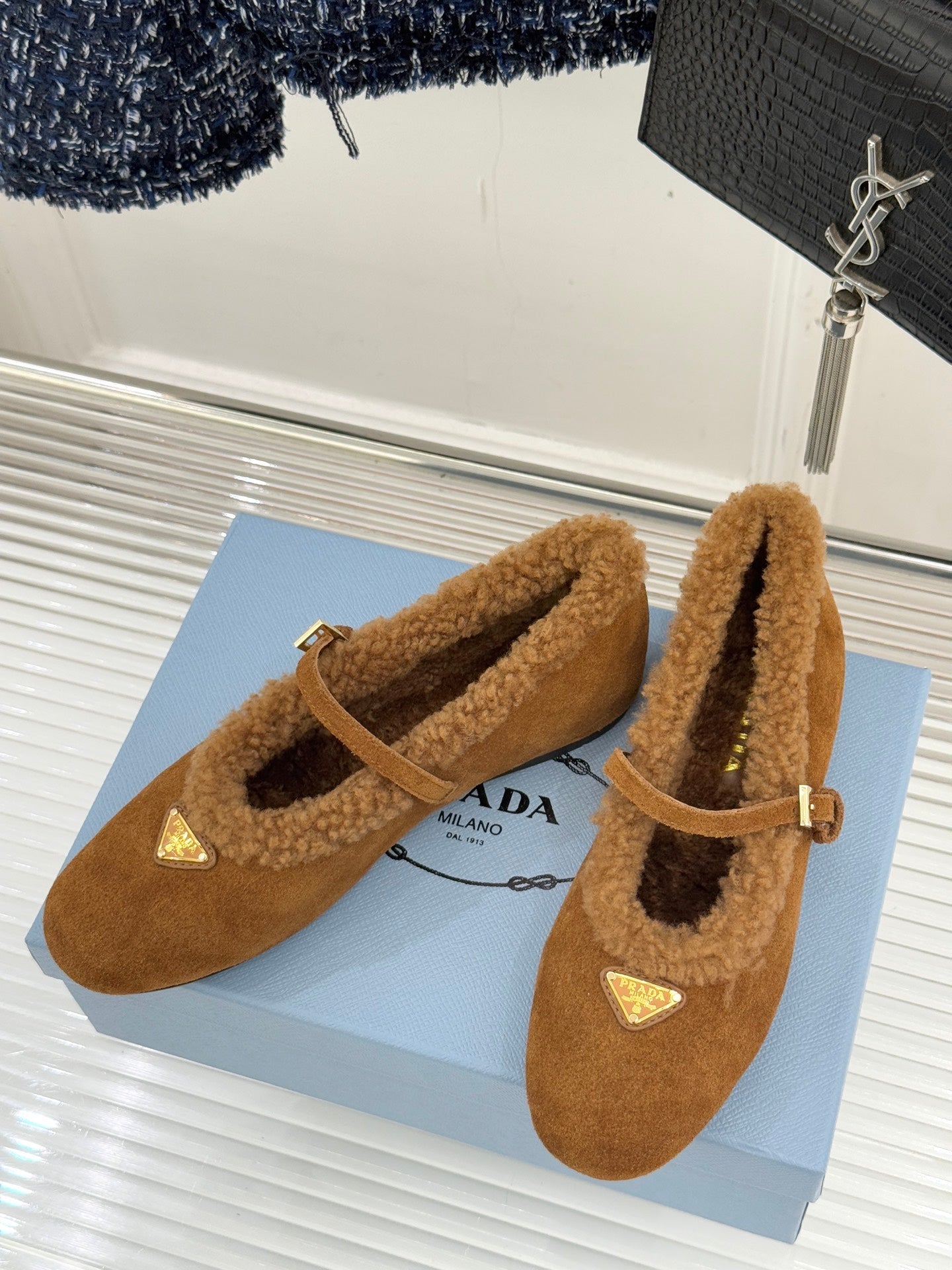 PRADA 25S MARY JANE FLATS IN BROWN SUEDE WITH GOLD HARDWARE - 35