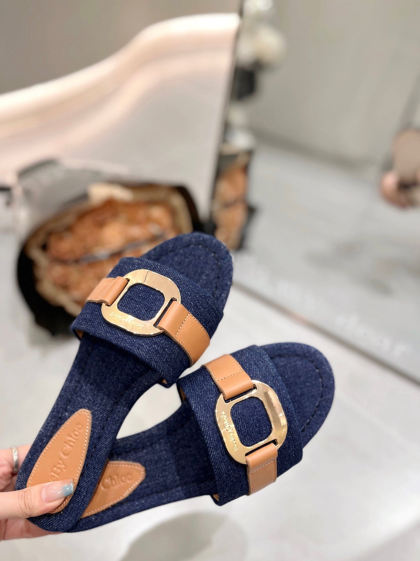SLIDE MULE IN NAVY BLUE DENIM AND BROWN CALFSKIN GOLD HARDWARE - 35