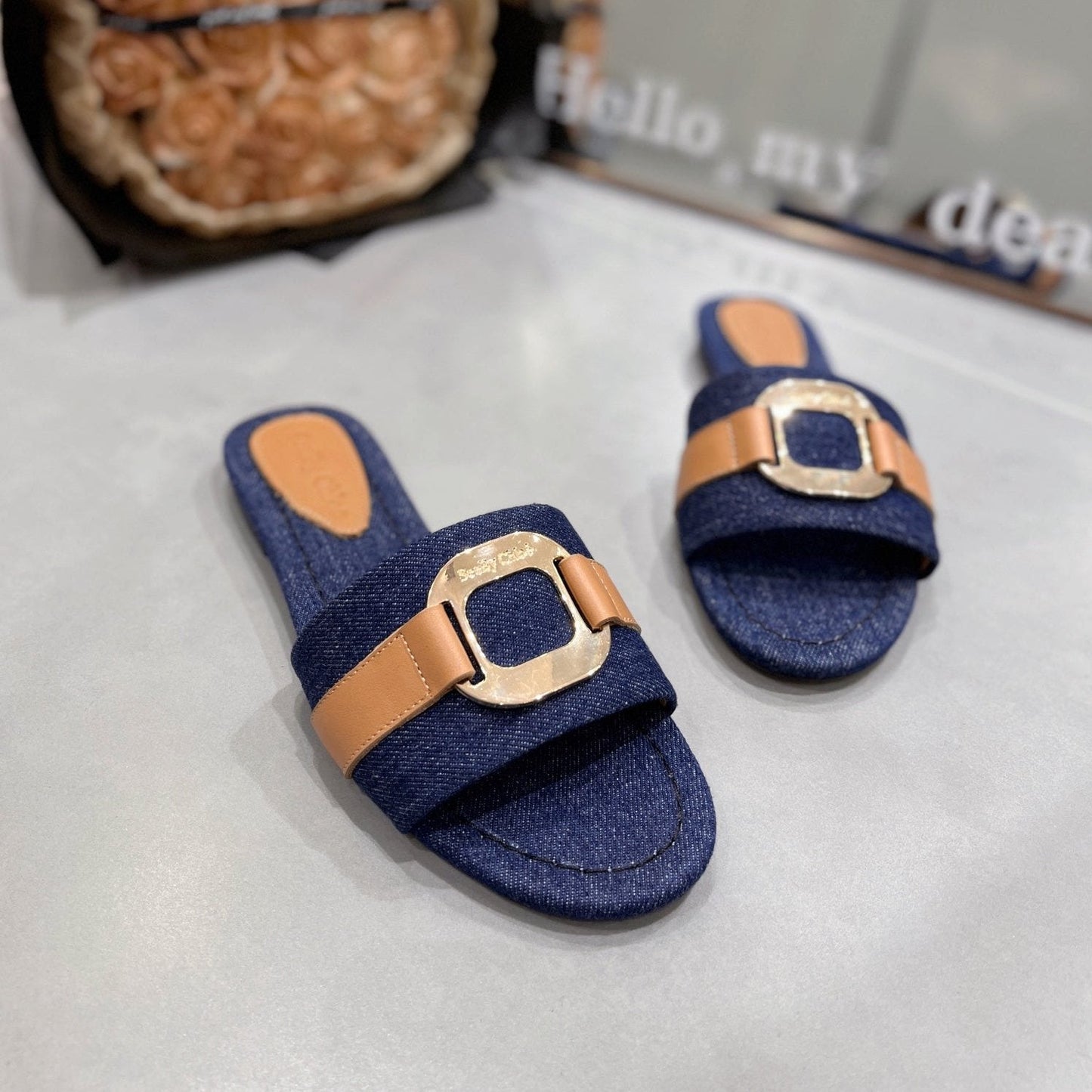 SLIDE MULE IN NAVY BLUE DENIM AND BROWN CALFSKIN GOLD HARDWARE - 35