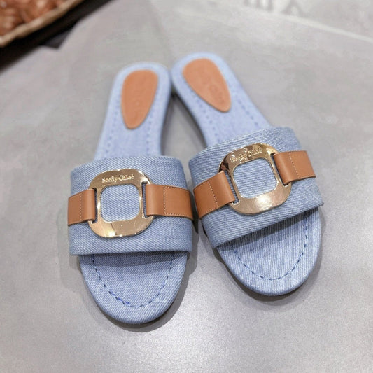 SLIDE MULE IN LIGHT BLUE DENIM AND BROWN CALFSKIN GOLD HARDWARE - 35