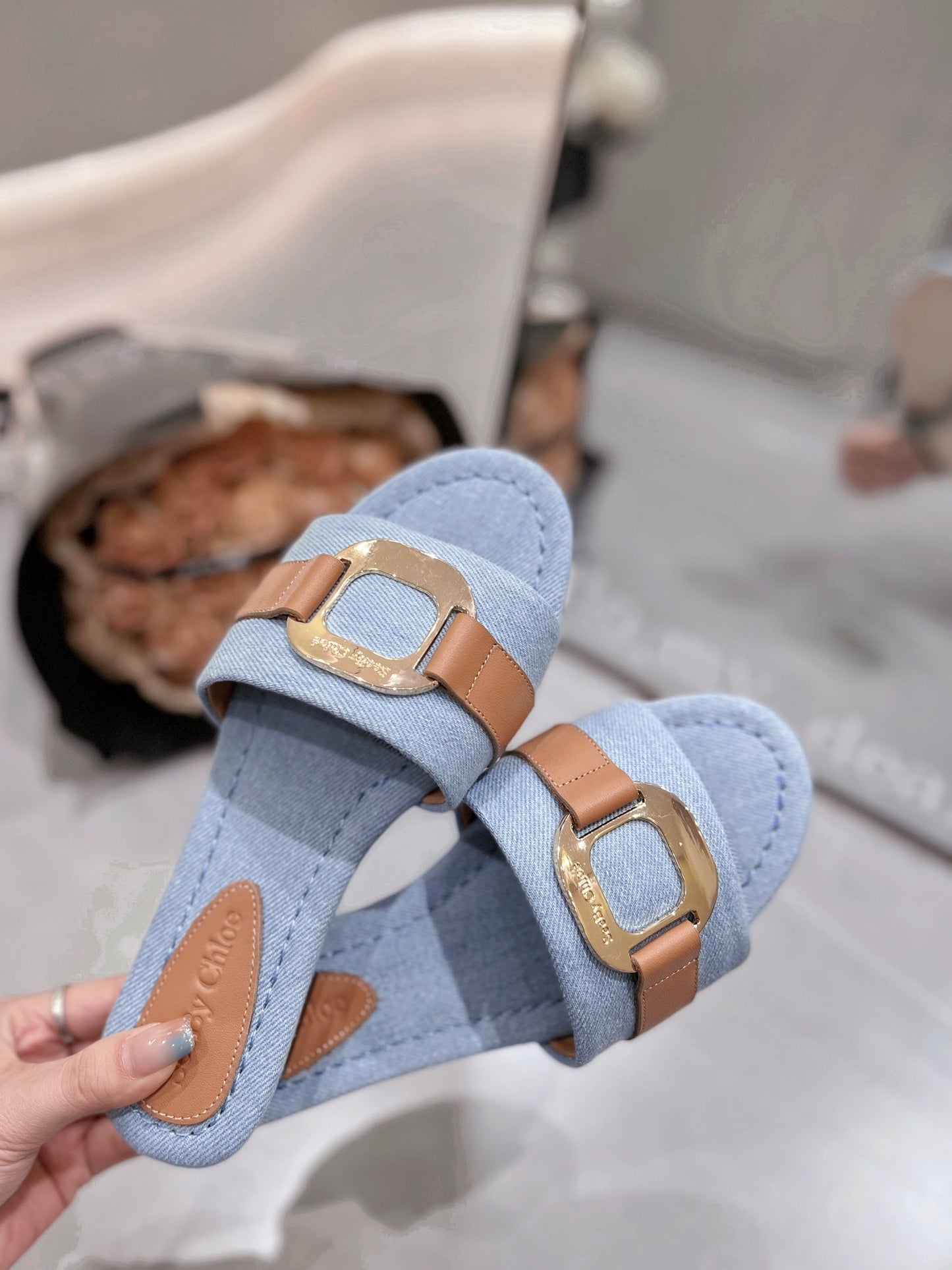 SLIDE MULE IN LIGHT BLUE DENIM AND BROWN CALFSKIN GOLD HARDWARE - 35