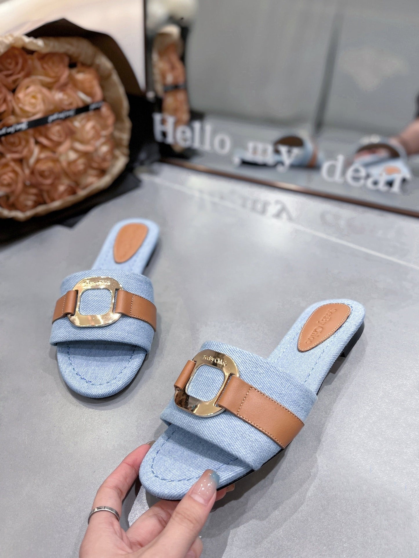 SLIDE MULE IN LIGHT BLUE DENIM AND BROWN CALFSKIN GOLD HARDWARE - 35