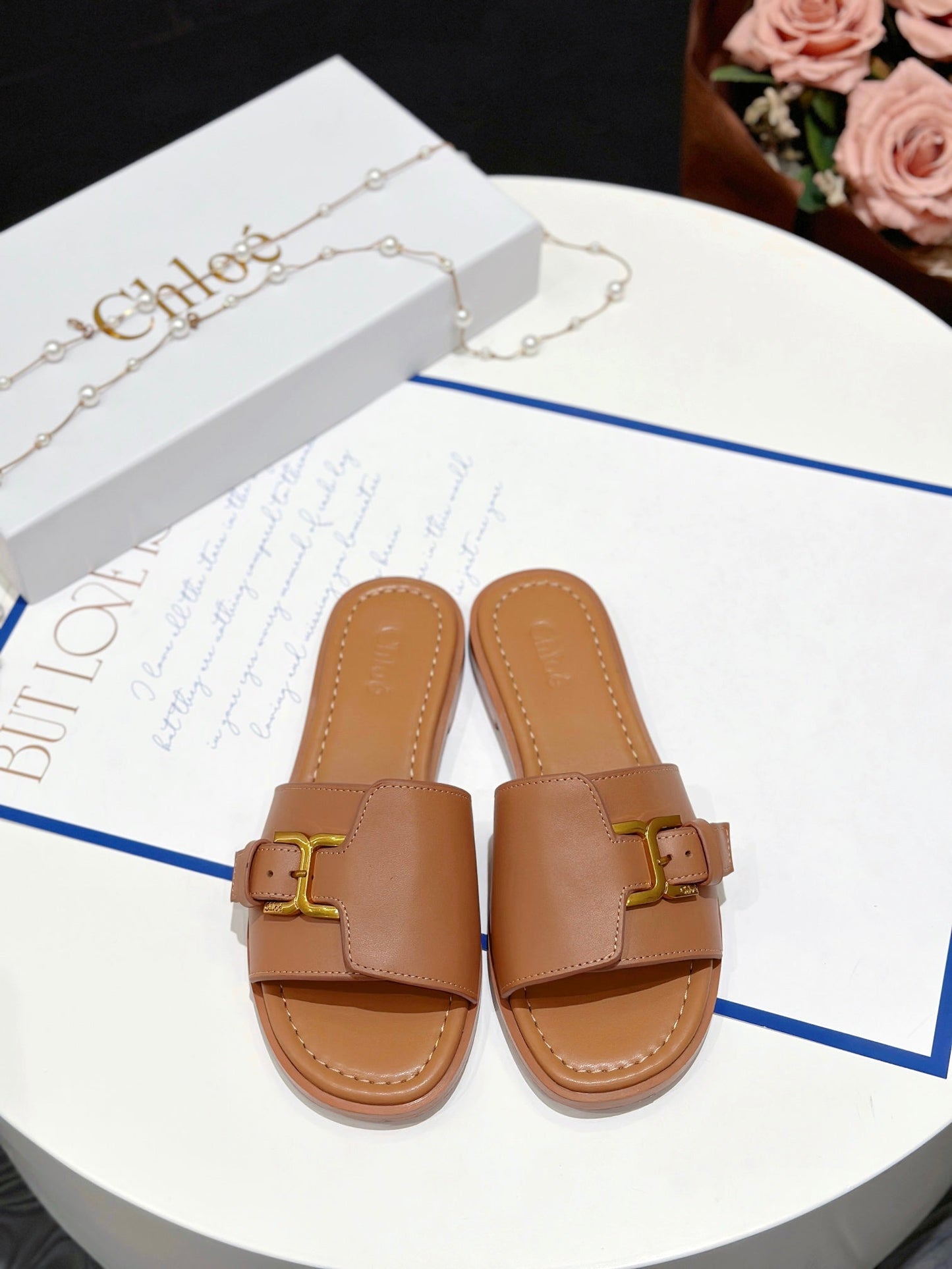 MARCIE SLIDE IN BRONZE BROWN CALFSKIN WITH GOLD HARDWARE - 35