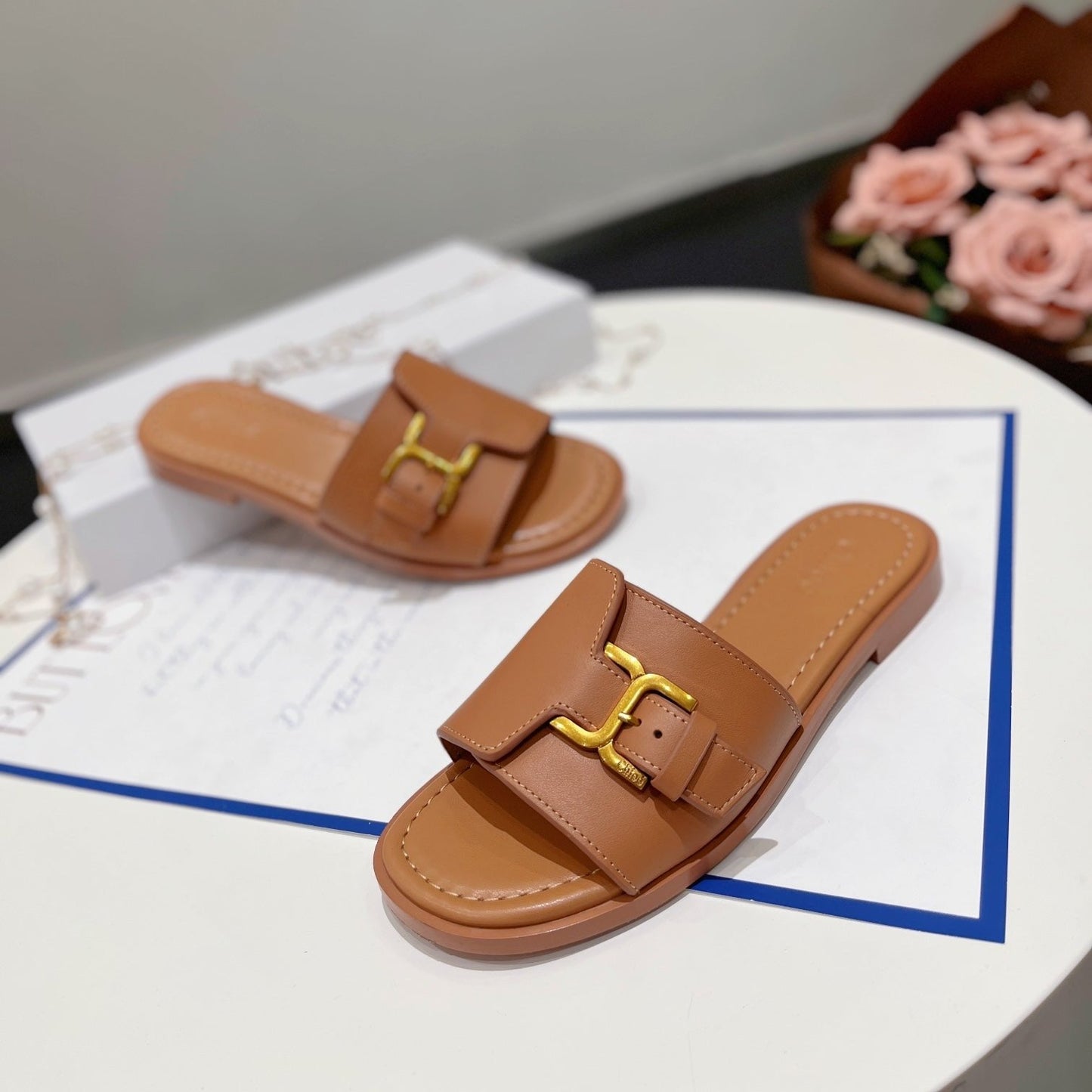 MARCIE SLIDE IN BRONZE BROWN CALFSKIN WITH GOLD HARDWARE - 35