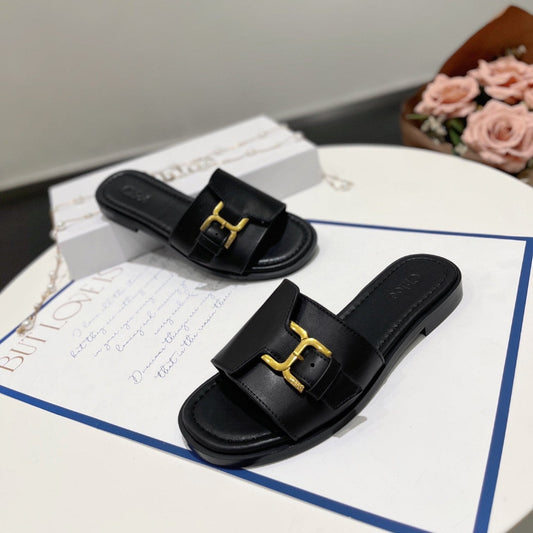 MARCIE SLIDE IN BLACK CALFSKIN WITH GOLD HARDWARE - 35